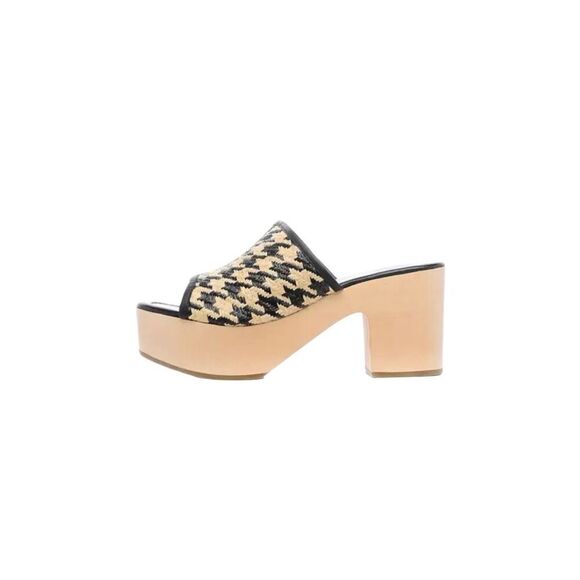 Logan Open Toe Leather‎ Raffia Houndstooth Wooden Clog Black Cream Size 36 - Picture 12 of 13